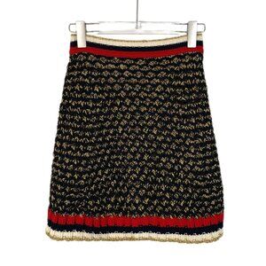Gucci XS Black & Gold Woven Cotton Blend Skirt With Red/White/Navy Stripes & Cha